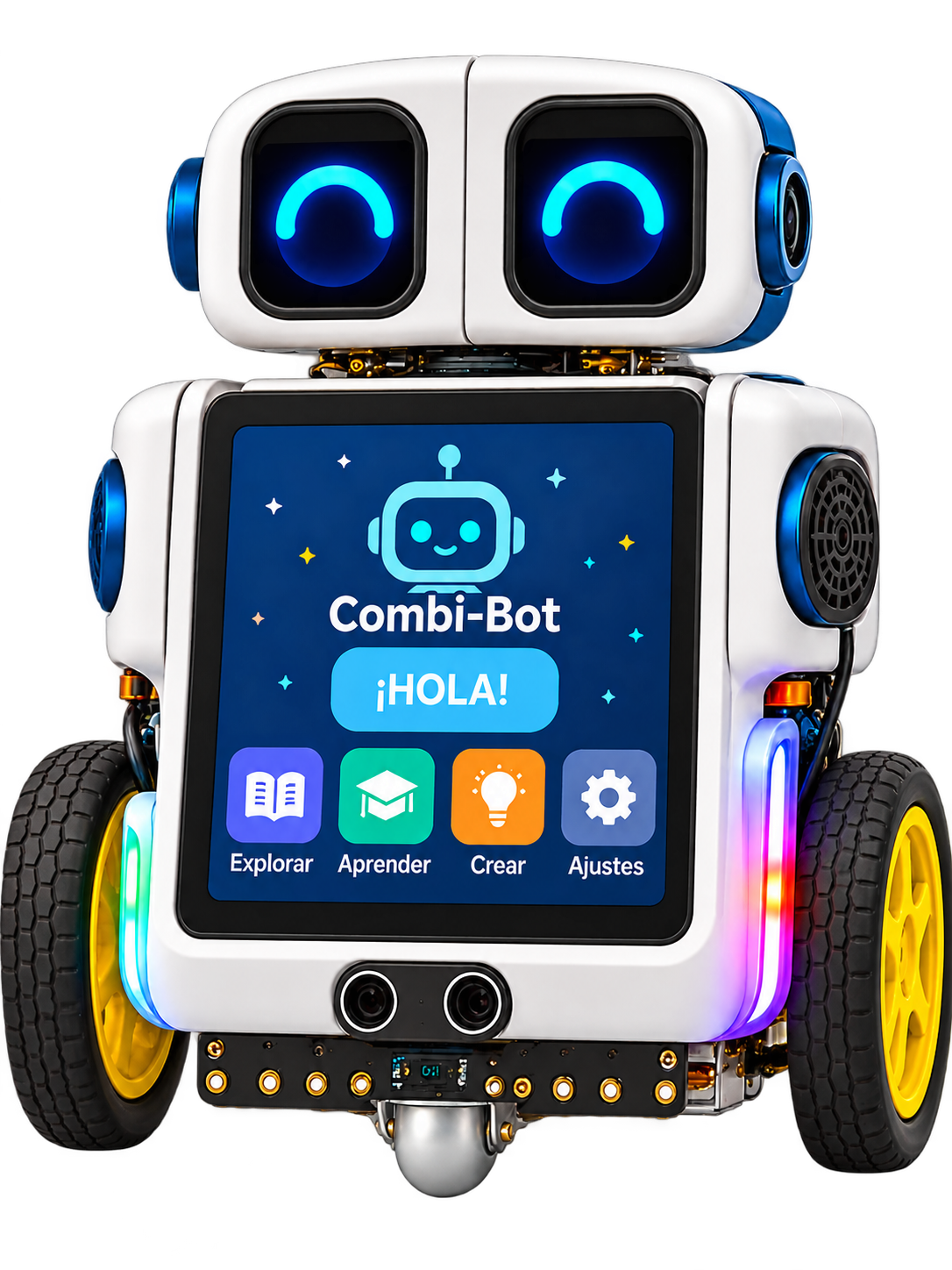 Combi-Bot, robot de bienvenida con ruedas y pantalla educativa.